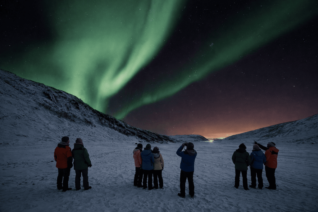 Groupe de voyageurs de dos observant les aurores boréales à Tromsø lors d'une chasse guidée